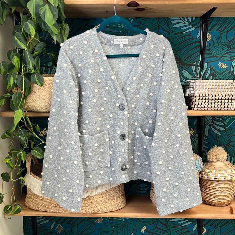 Texture & Thread Madewell Knobby pompom sweater, button up cardigan